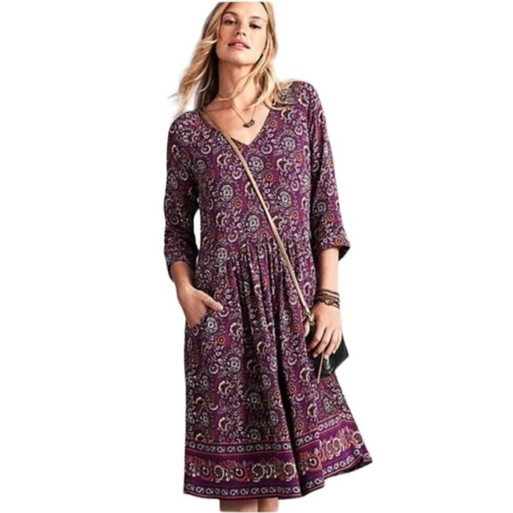 Garnet Hill Burgundy Paisley Bohemian Pocket Dress Size 10